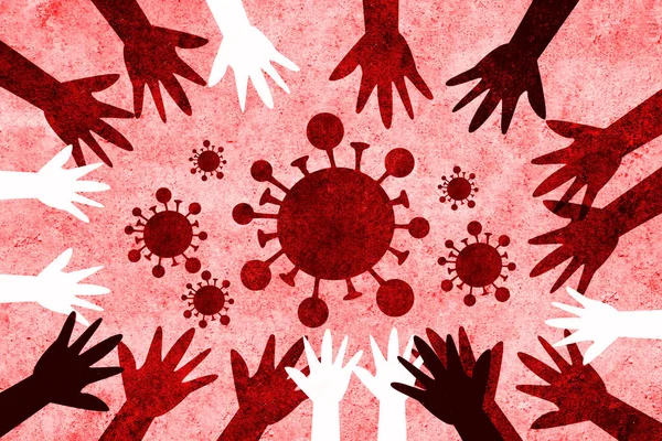 Multicultural hands from around the world united to defeat and fight the coronavirus. We are all called to action against virus covid-19.