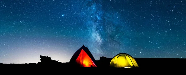 Tents Glowing Milky Way Night Camping Mountains Starry Magical Sky — Stock Photo, Image