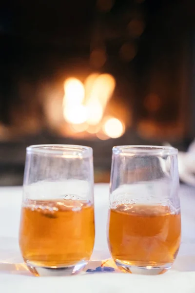 Two Glasses Wine Moscatell Moscatel Liquor Fire Fireplace Bottom Celebrating — Stock Photo, Image