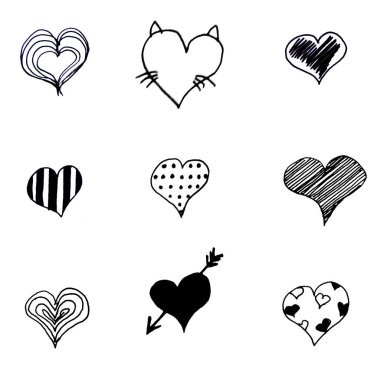Siyah beyaz kalpler seti. Kartpostal, davetiye, düğün, sevgililer günü için tasarım.