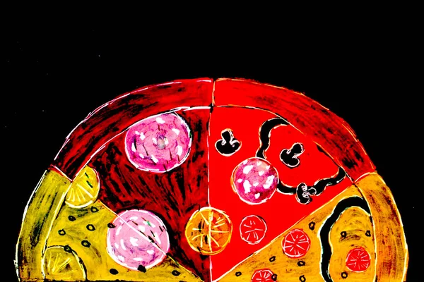Кусочки Пиццы Черном Фоне Яркий Дизайн Меню Кафе Пиццерии — стоковое фото