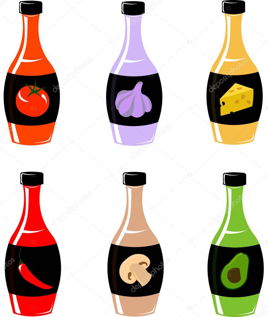 Bright vector bottles. Sauces. Menu design.