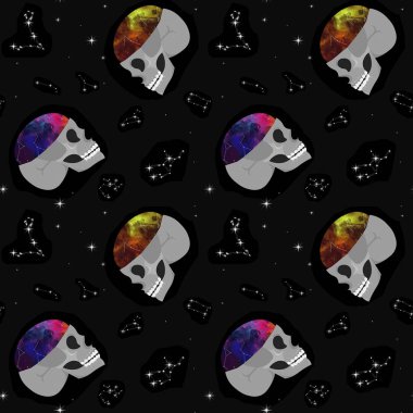 Kafatası, uzay, takımyıldızlar. Kusursuz desen. Offic için tasarım