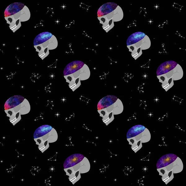 Skull, space, constellations. Seamless pattern. Design for offic