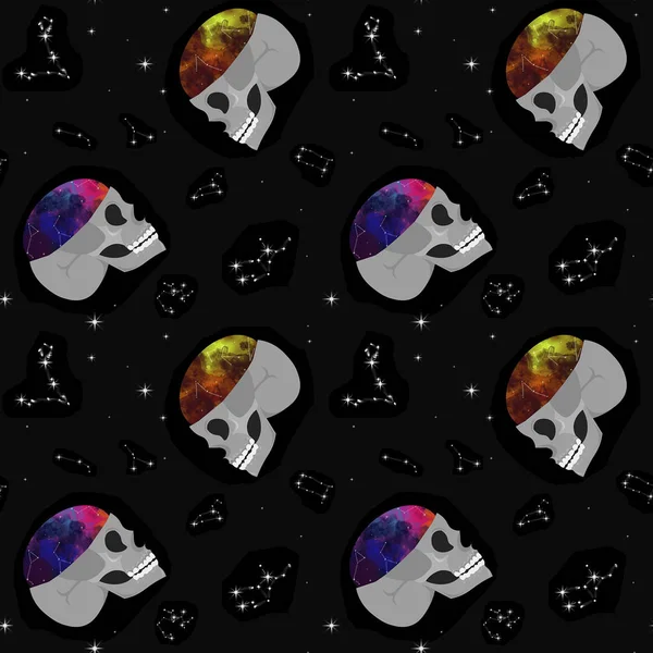 Skull, space, constellations. Seamless pattern. Design for offic
