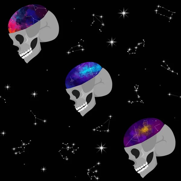 Skull, space, constellations. Seamless pattern. Design for offic