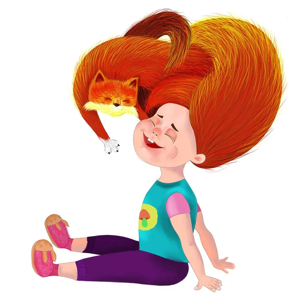 Rudowłosy dziewczyna z czerwonym kotem. Radość, uśmiech. Ochrona dzieci — Zdjęcie stockowe