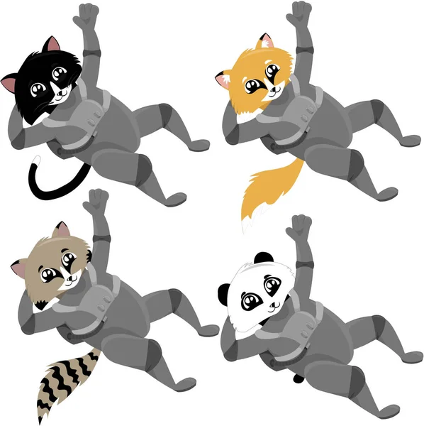 Astronautas: gato, zorro, mapache, panda. Diseño para postal, holid — Archivo Imágenes Vectoriales