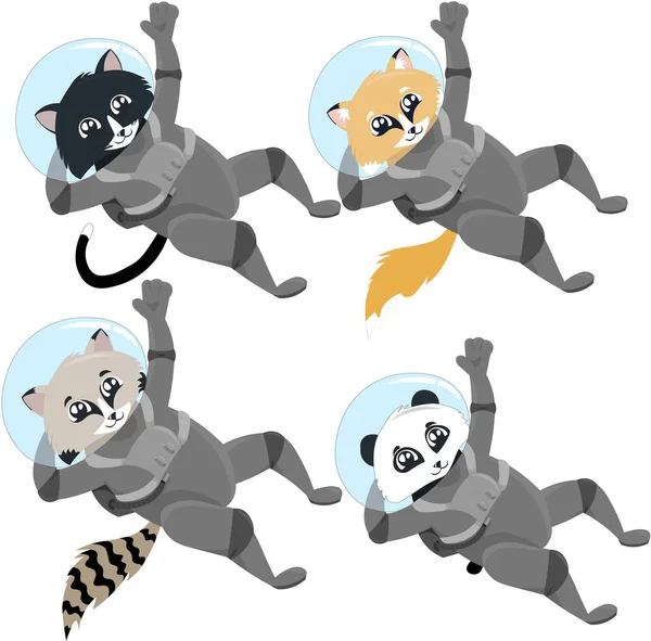 Astronautas: gato, raposa, guaxinim, panda. Design para cartão postal, holid — Vetor de Stock