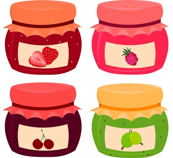 Set of vector berry jams: lubny, raspberry, cherry, gooseberry. — Stock Vector