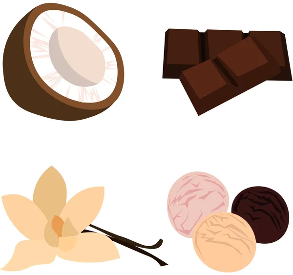 Ensemble vectoriel de fruits et desserts bruns et beiges. Menu végétalien de — Image vectorielle