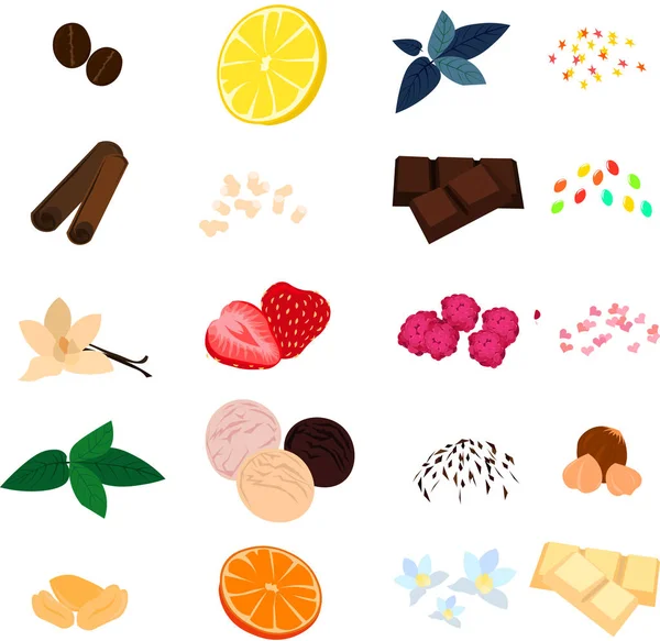 Ingredients for tea, coffee, desserts. Spices, chocolate, fruit. — Stock Vector