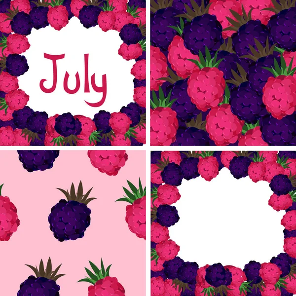 Berry conjunto de padrões e molduras. Julho, framboesa, amora. D —  Vetores de Stock