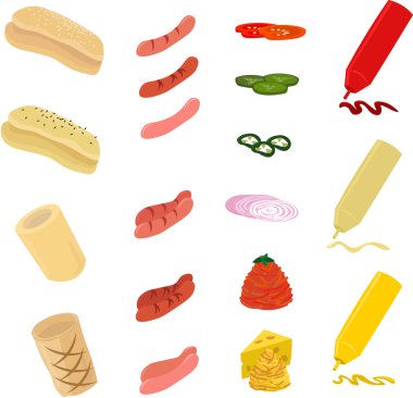 Sosisli sandviç için malzemeler seti. Çörekler, sosis farklı türleri