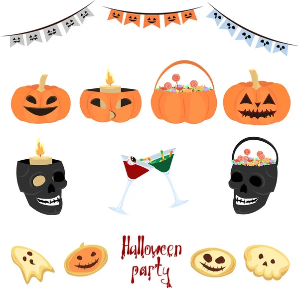 Set de decoraciones vectoriales de Halloween. Dulces, bebidas, calabazas, calaveras, guirnaldas . — Archivo Imágenes Vectoriales