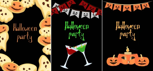 Set di cartoline per la festa di Halloween. Dolci, bevande, zucca — Vettoriale Stock