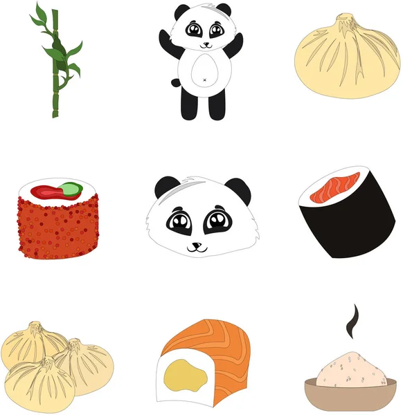 Kínai objektumok halmaza. Tradicionális ételek. Emléktárgyak, turizmus. — Stock Vector