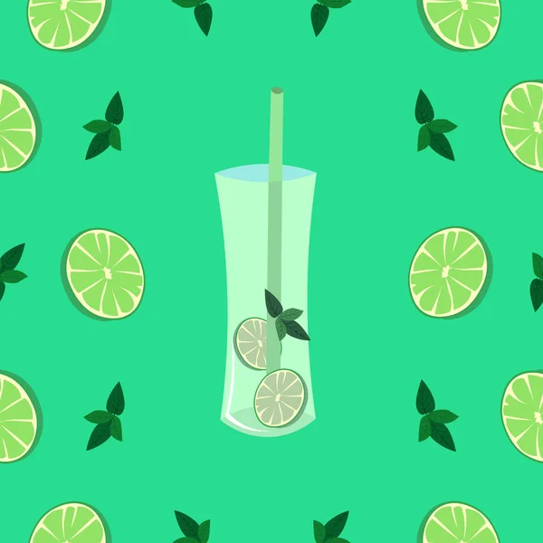 Mojito schema vettoriale. Cocktail, menta, lime su uno sfondo verde — Vettoriale Stock