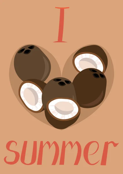 Tarjeta postal vectorial de verano con un corazón de coco. Me gusta el verano . — Archivo Imágenes Vectoriales