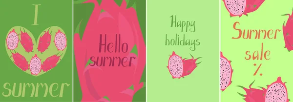 Набор летних векторных поздравительных открыток с питайей, фруктами дракона. S — стоковый вектор