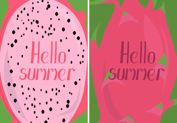 Conjunto de tarjetas de felicitación vectorial de verano con pitaya, fruta del dragón. S — Archivo Imágenes Vectoriales