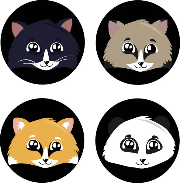 Ensemble de visages d'animaux mignons dans le style de dessin animé. Panda, chat, renard , — Image vectorielle