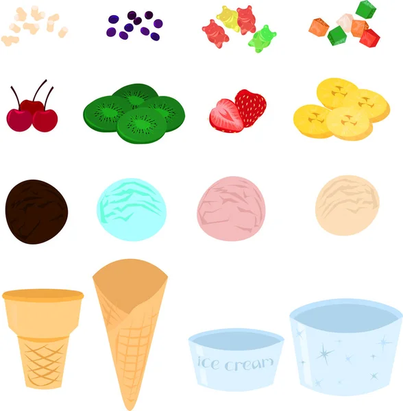 Conjunto de sorvete e ingredientes de sobremesa. Marshmallow, marmelada — Vetor de Stock
