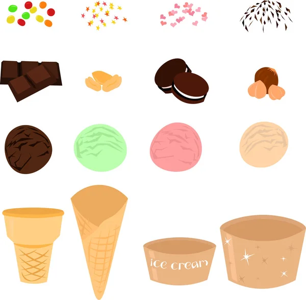 Eis und Dessertzutaten. Schokolade, Nüsse, Kekse — Stockvektor