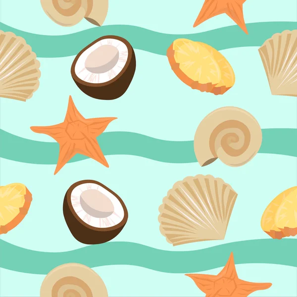 Vector fondo de playa de verano. Conchas marinas, estrellas de mar, coco, pi — Vector de stock