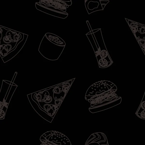 Patrón de vectores de comida rápida. Hamburguesas, pizza, sushi, bebidas. Menú — Vector de stock