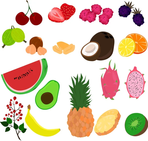 Uppsättning av frukter, bär, nötter. Sommar design. — Stock vektor