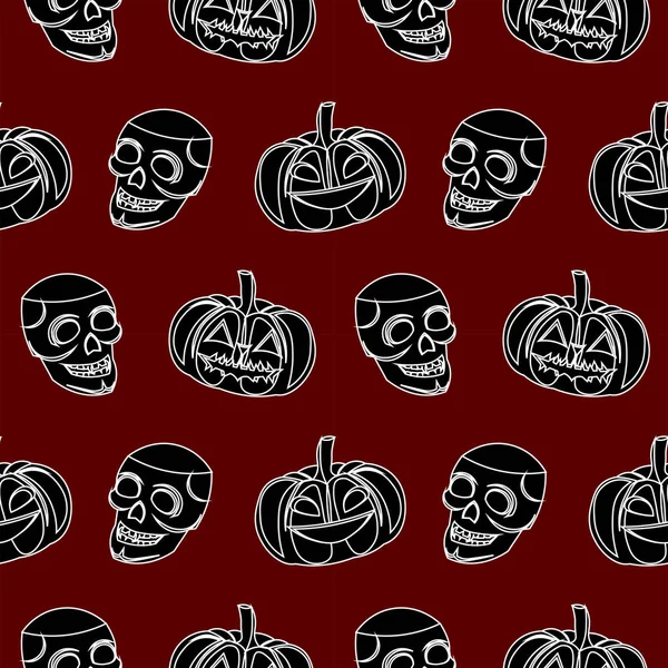 Patrón vectorial Halloween. Calaveras, calabazas sobre fondo rojo . — Archivo Imágenes Vectoriales