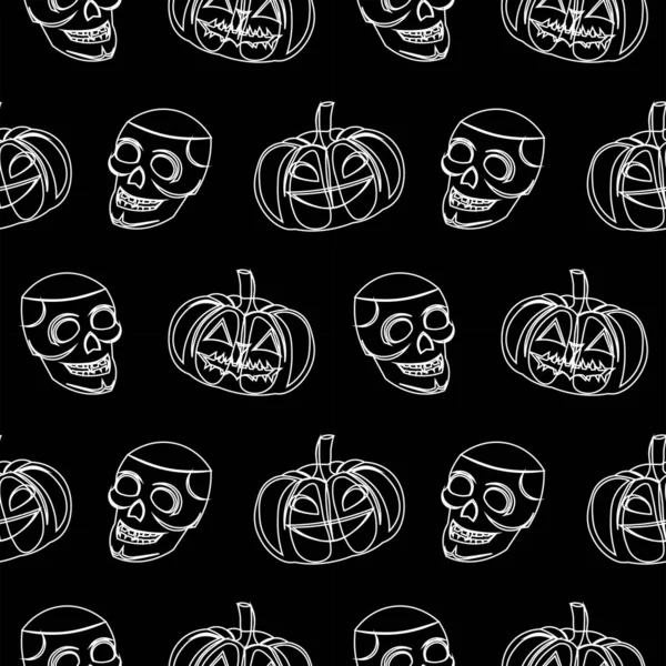 Schema vettoriale di Halloween. Teschio, zucca su fondo nero . — Vettoriale Stock
