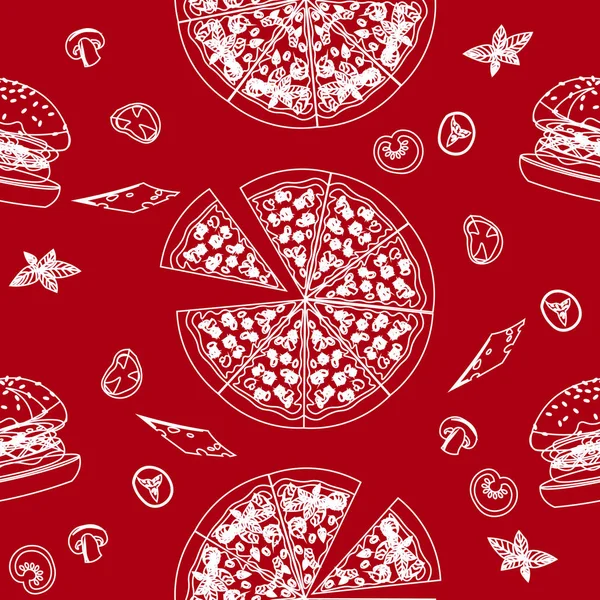 Padrão de fast food vetorial. Pizza, hambúrguer. Esboço branco em um b vermelho — Vetor de Stock