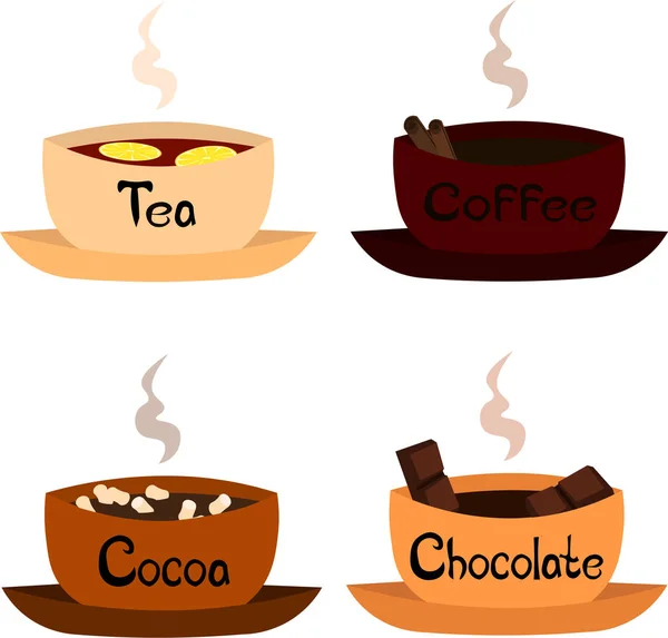 Set de bebidas calientes: café, té, cacao, chocolate. Diseño de la —  Fotos de Stock
