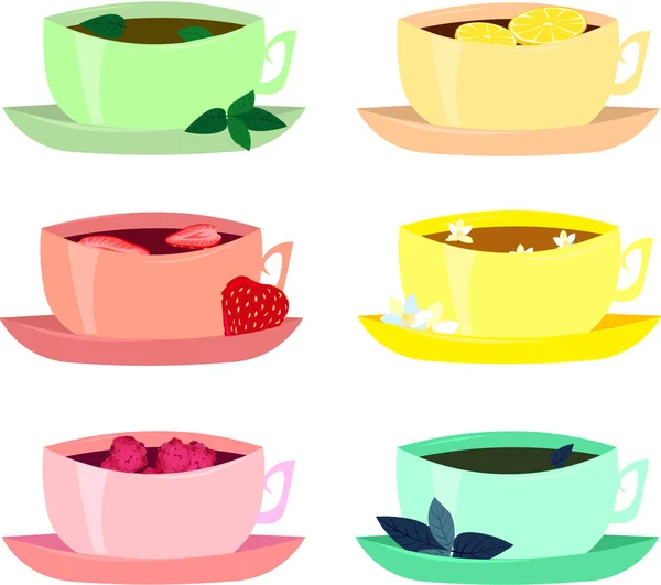 Set kopjes thee: kruiden, bessen, vanille. — Stockfoto