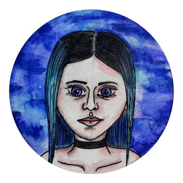 Watercolor female portrait. The girl with blue hair, blue eyes. — Stock Photo, Image