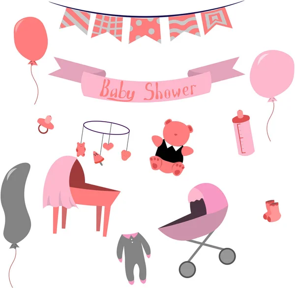 Set of items for a newborn in pink style. Design elements — Stock Vector