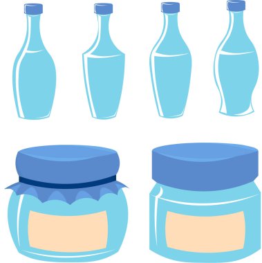 Mavi şişeler ve kutular seti. Cam, plastik.