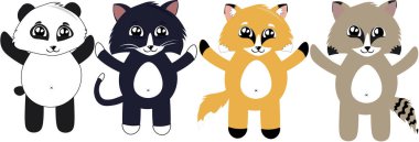 Karikatür tarzında sevimli hayvanlar kümesi. Panda, kedi, tilki, rakun. 