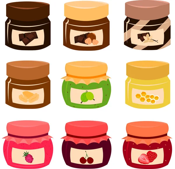 Set bright jars. Jam, honey, chocolate and nut paste. — Stock Photo, Image