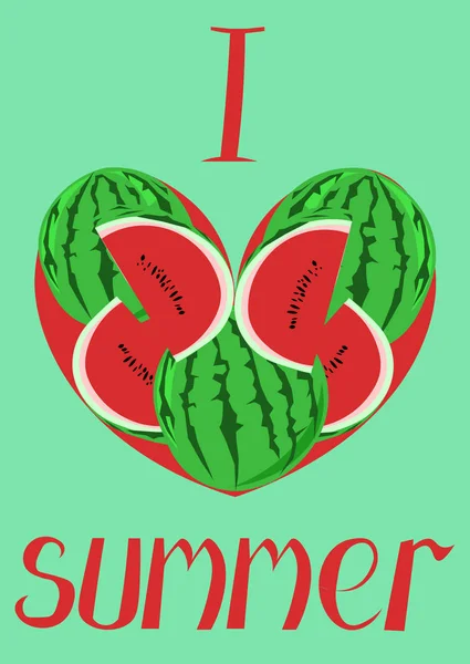 워터 멜론의 마음을 가진 여름 엽서. 나는 시원한를 사랑 — 스톡 사진