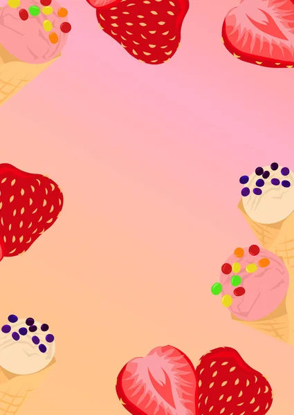 Wit en roze ijs in een wafelkegel, aardbeien. Zomer. — Stockfoto