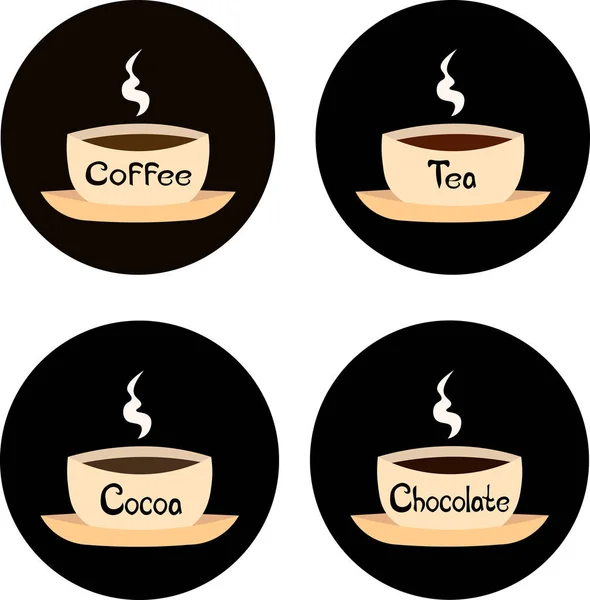 Logos redondos de bebidas calientes. Café, té, cacao, chocolate caliente en —  Fotos de Stock