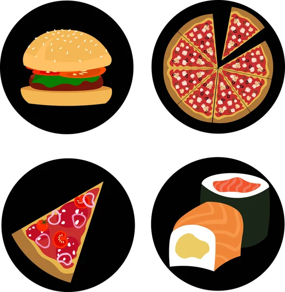 Fastfood logos. Burger, pizza, rolls, sushi.