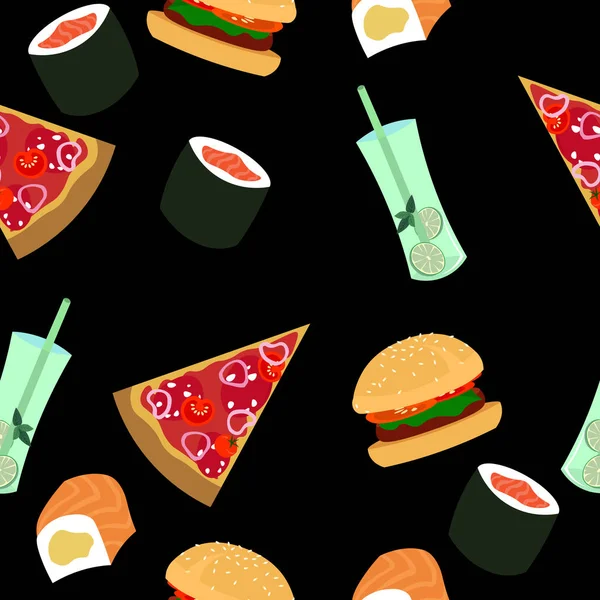 Fast Food-Muster. Hamburger, Pizza, Sushi, Getränke. Menü. — Stockfoto