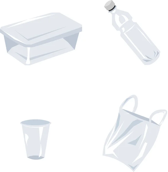 Set di articoli in plastica. Contenitore, bottiglia, borsa, tazza . — Foto Stock