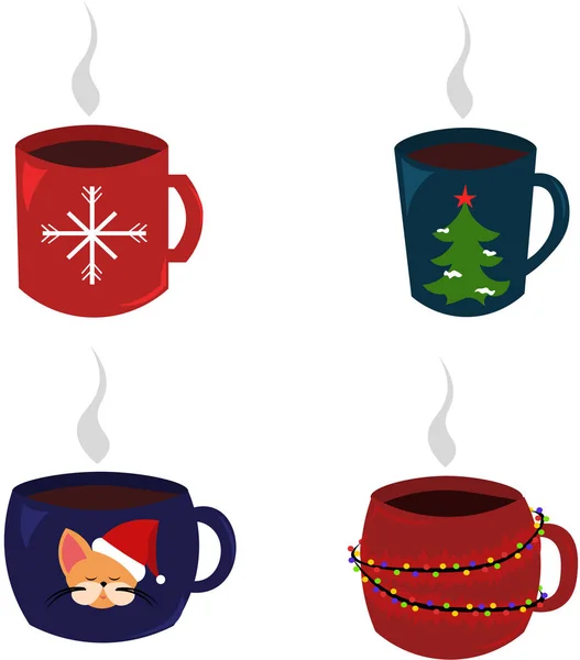 Conjunto de tazas de Navidad. Ensalada, té caliente. Año Nuevo Navidad . — Archivo Imágenes Vectoriales