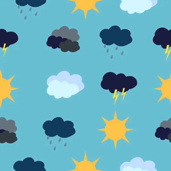 Météo Pluie, nuages et soleil sur fond bleu . — Image vectorielle