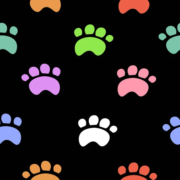 Pattern of multi-colored paws on a black background. — Stock Vector